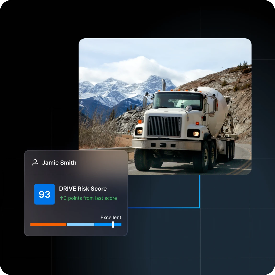 cement truck on the road in the mountains measuring drive risk score