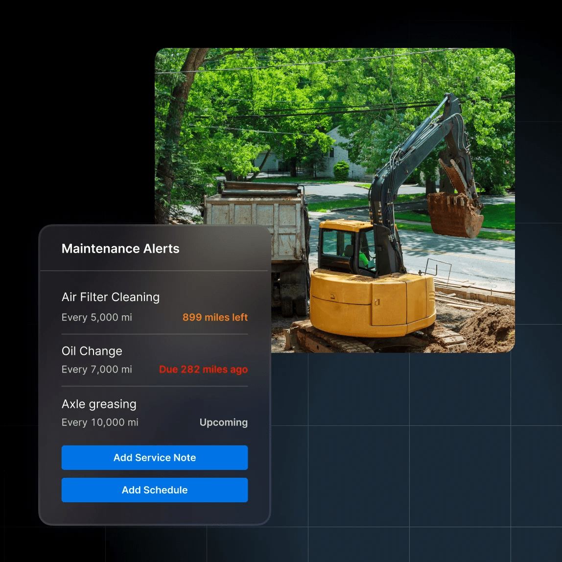 maintenance alerts for utilities equipment like axle greasing oil change and air filter cleaning