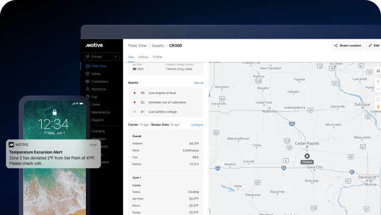 fleet view in motive app on cell phone and laptop