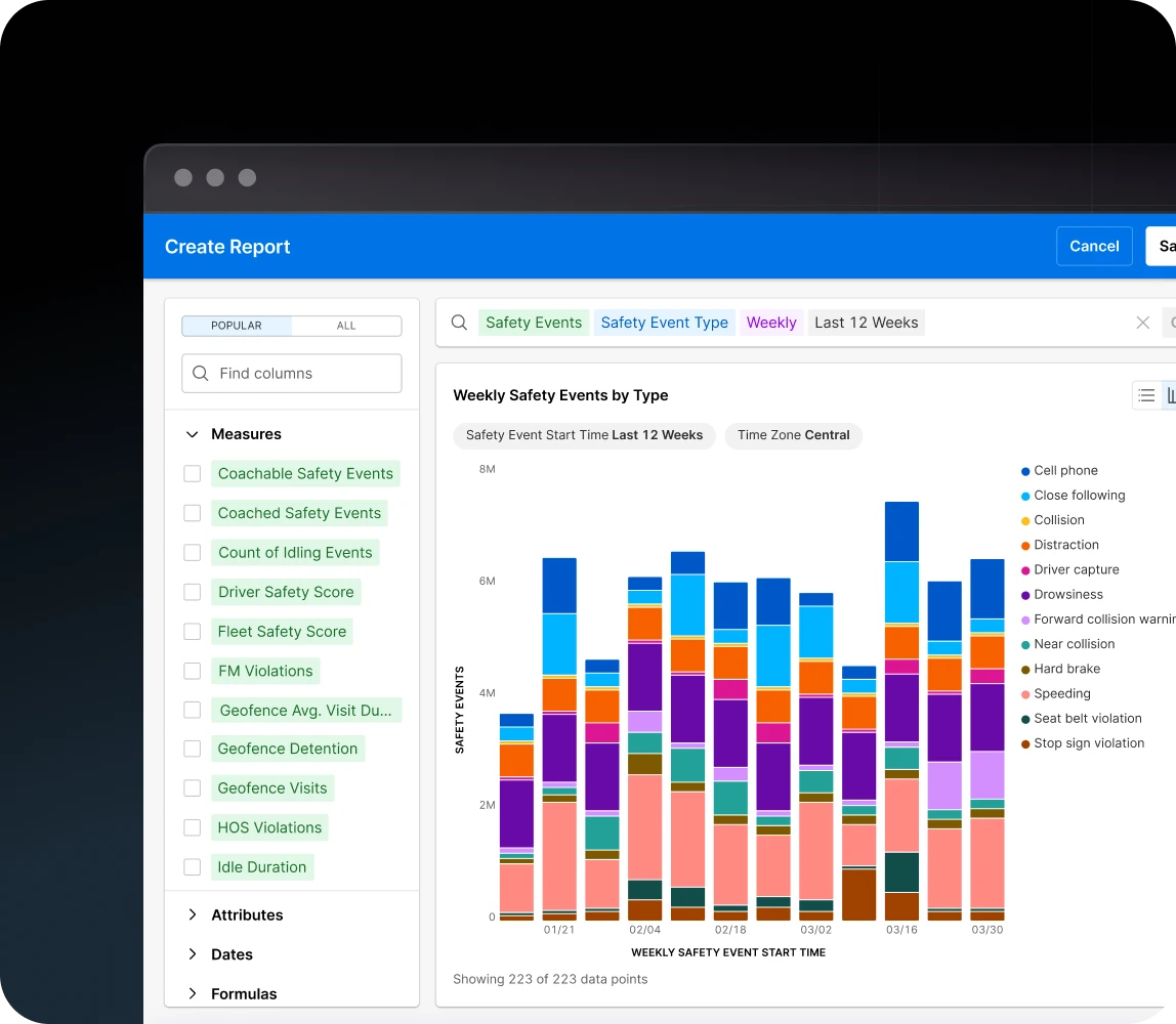 report creation page with specific fleet safety events in graph