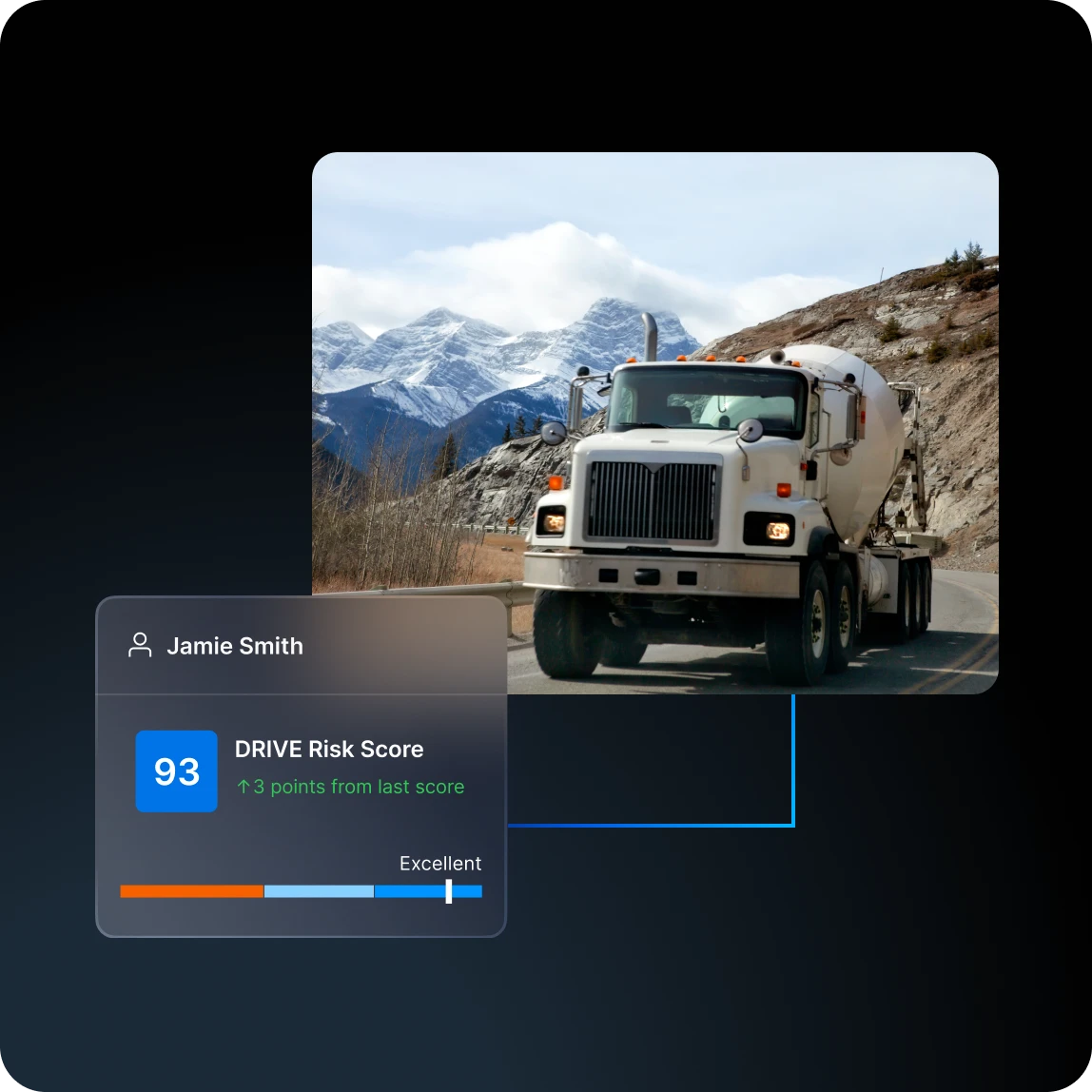 cement truck on the road in the mountains measuring drive risk score