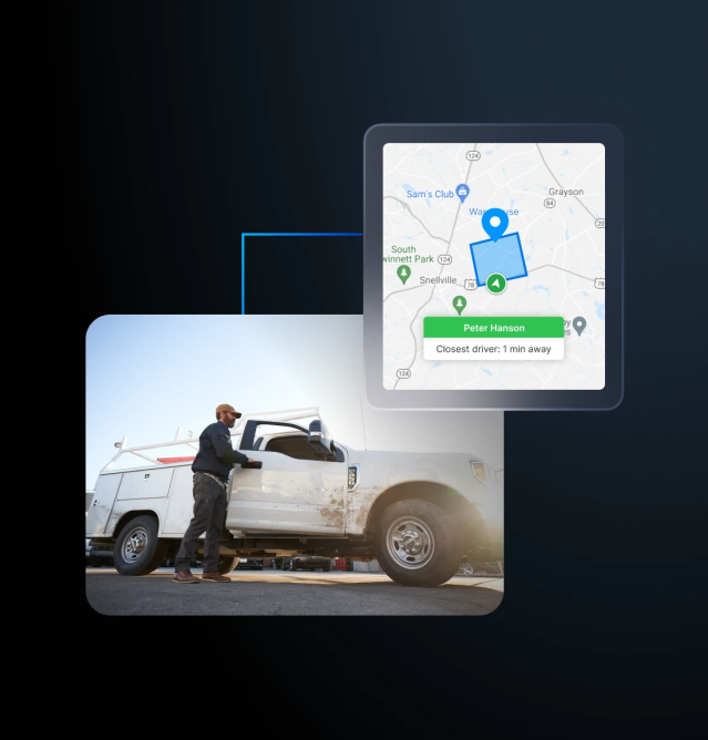 worker opening utility truck door with image of vehicle on map in foreground