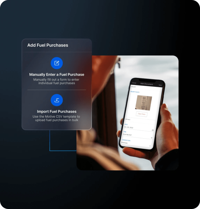 person on mobile app with option to add or import fuel purchases