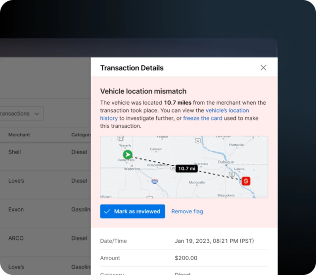 vehicle location mismatch in transaction details