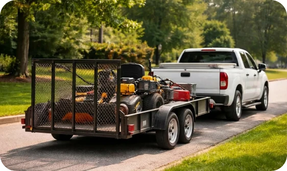 Camioneta pick-up con plataforma de carga llena de equipo circulando por una calle.