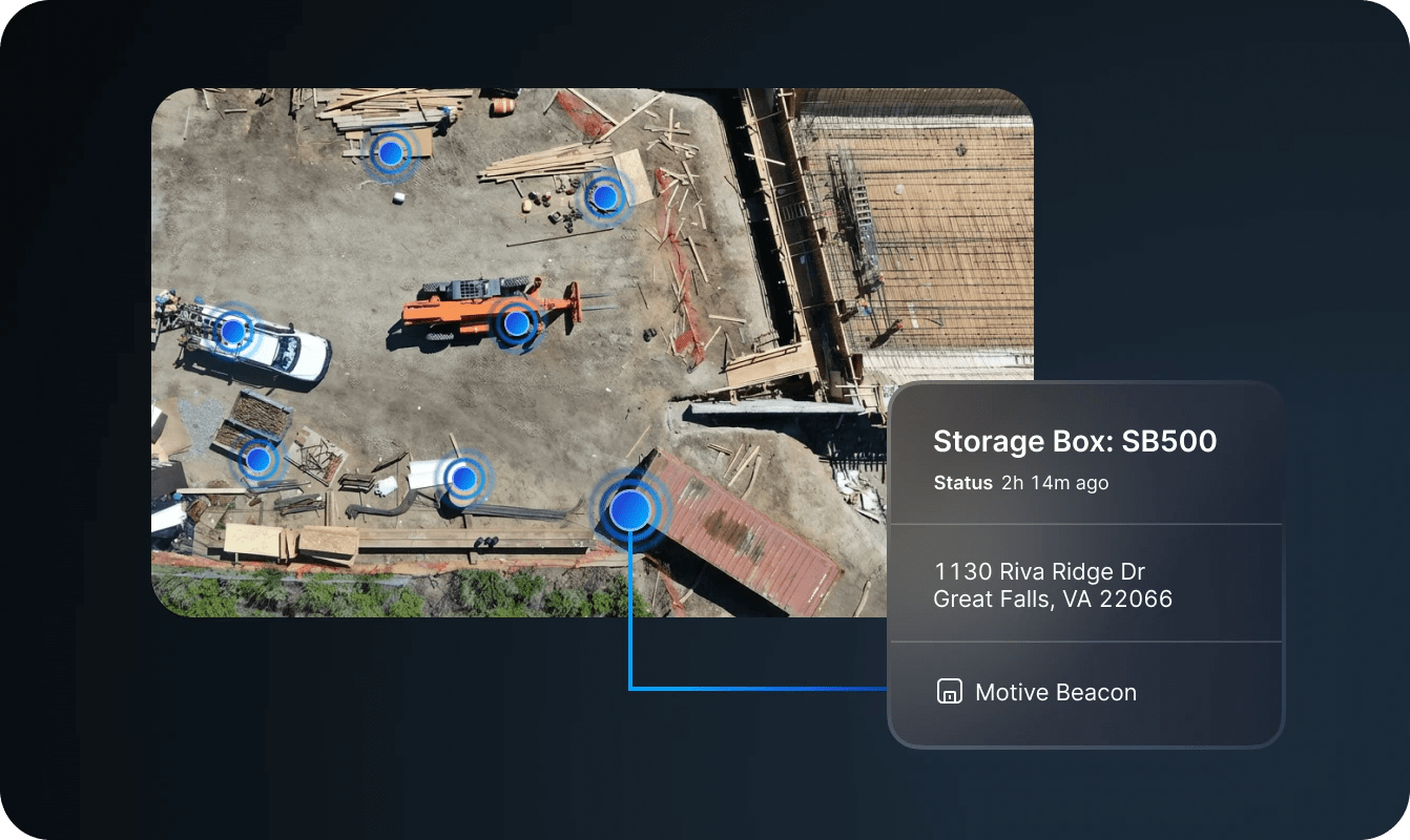 Worksite view displaying asset location and utilization status with Motive Beacon device.