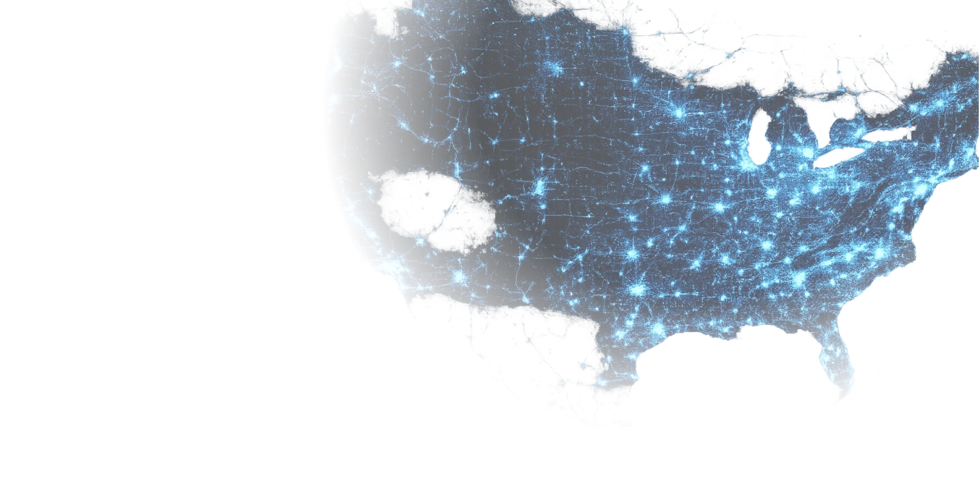 Map of the United States showing blue dots representing Motive devices connected to illustrate the Motive mesh network