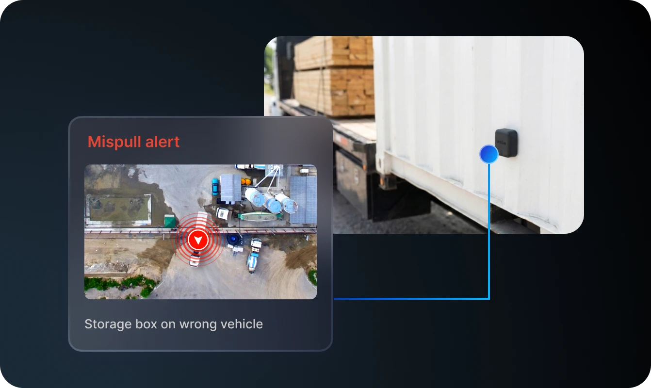App notification showing mispull alert for storage box on the wrong vehicle, with Motive Beacon attached to the storage box