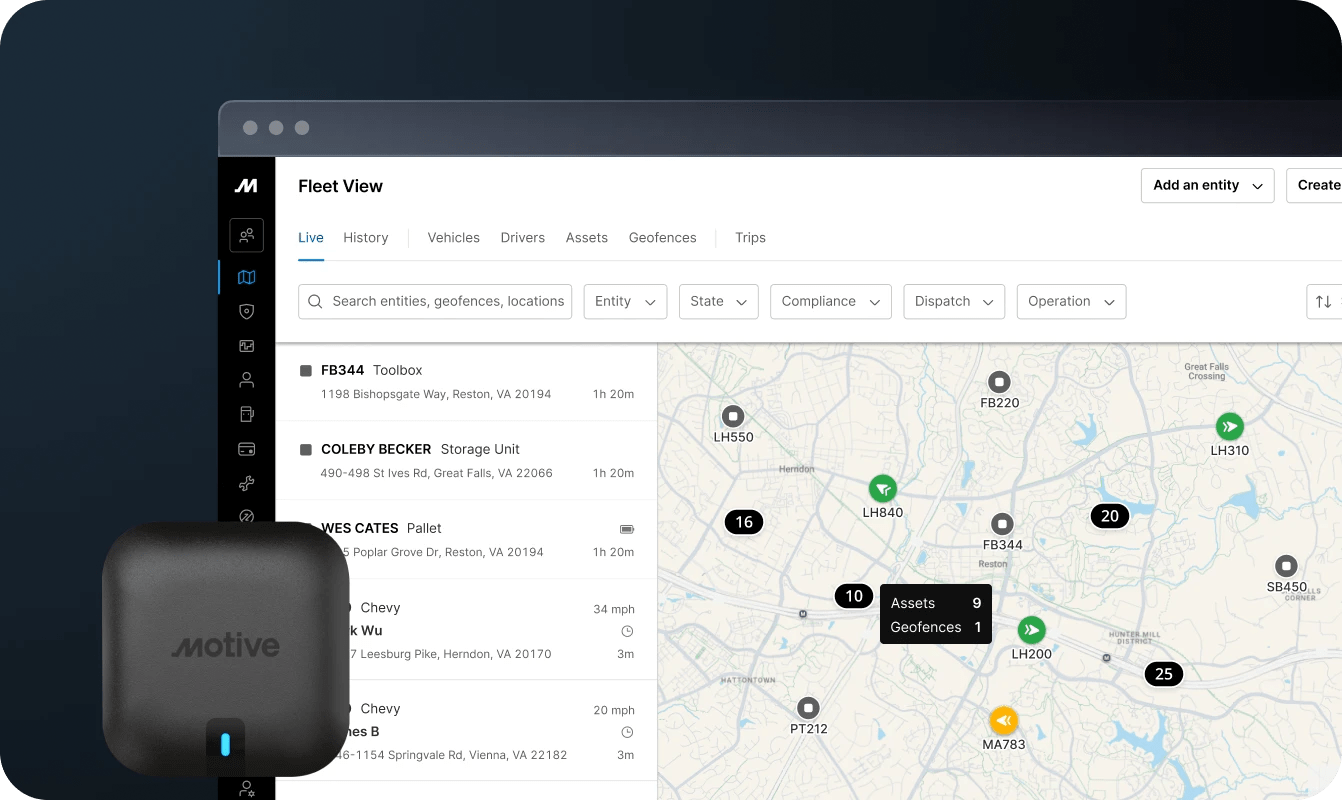 Live fleet map in the Motive dashboard displaying vehicles, assets tracked by Motive Beacon, geofences, and drivers.