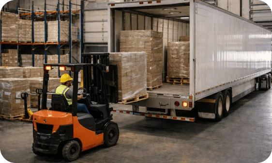 Empleado de almacén cargando tarimas en un camión con un patín eléctrico naranja.