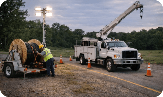 Camión con grúa integrada y trabajador de la construcción enrollando un cable de gran tamaño en un carrete.