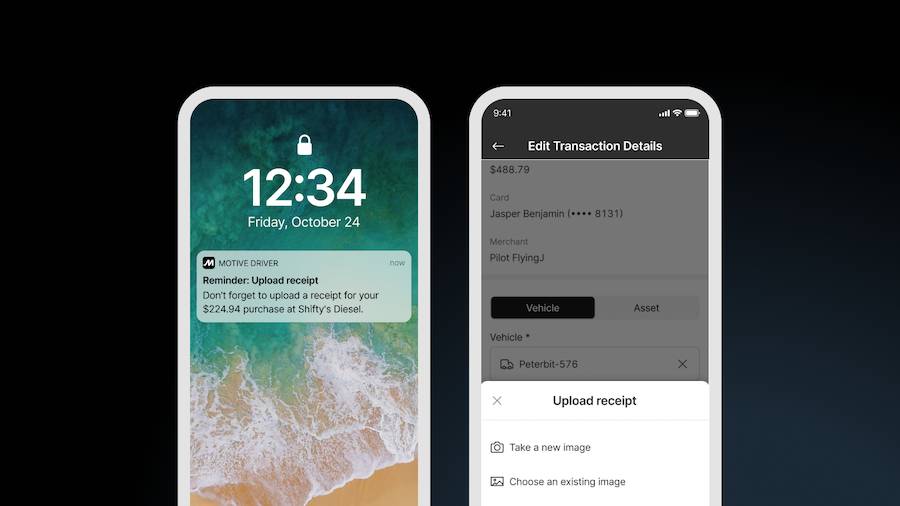 AI-powered receipt reading for fuel spend management shown in the Motive Driver mobile app with an upload receipt reminder and transaction details screen.