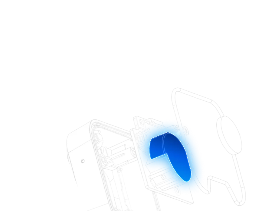 Vista explosionada del Motive Beacon que muestra los componentes internos y la ubicación de la batería reemplazable.
