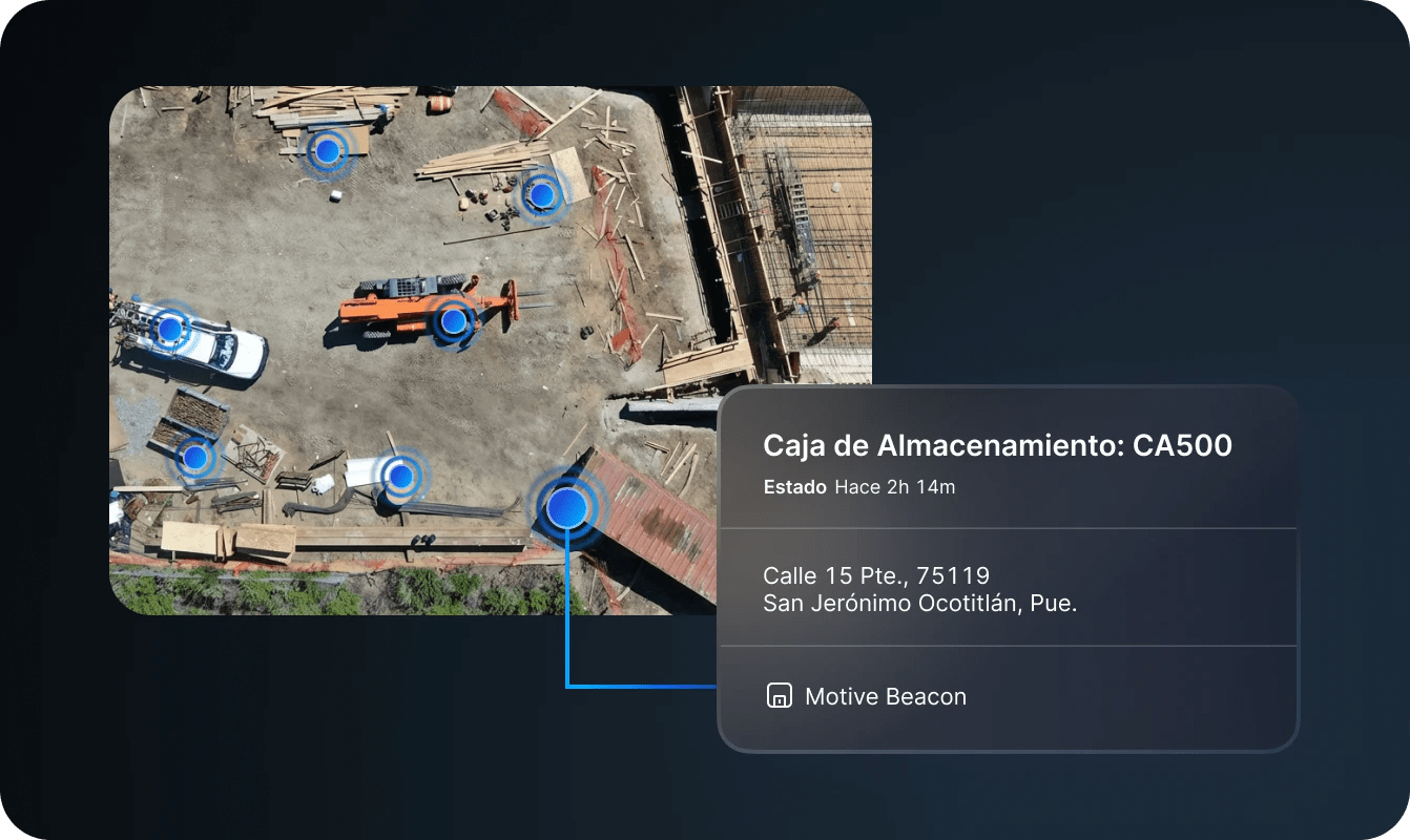 Vista de lugar de trabajo que muestra la ubicación de los activos y su estado de utilización con el dispositivo Motive Beacon.