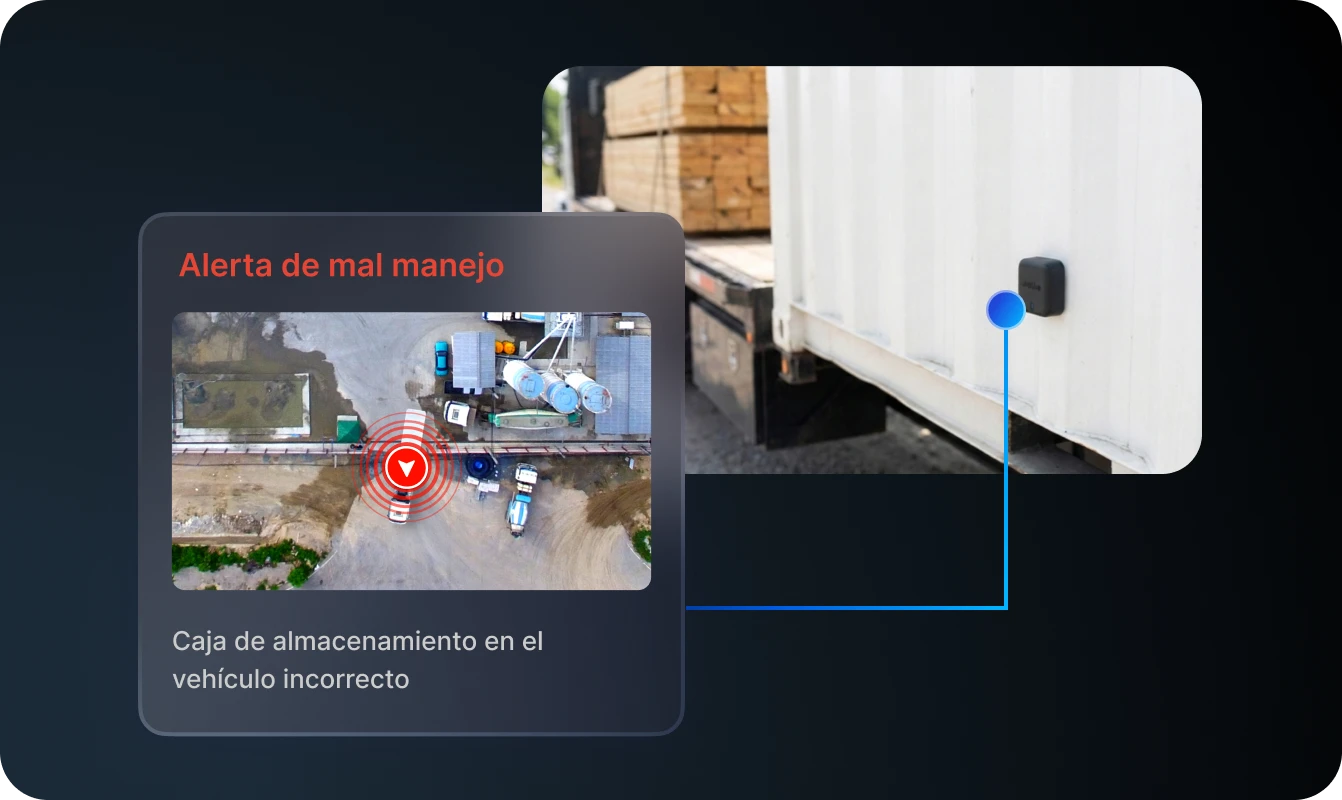 Notificación de la app que muestra una alerta de error de carga para una caja de almacenamiento en el vehículo equivocado, con el Motive Beacon instalado en la caja.
