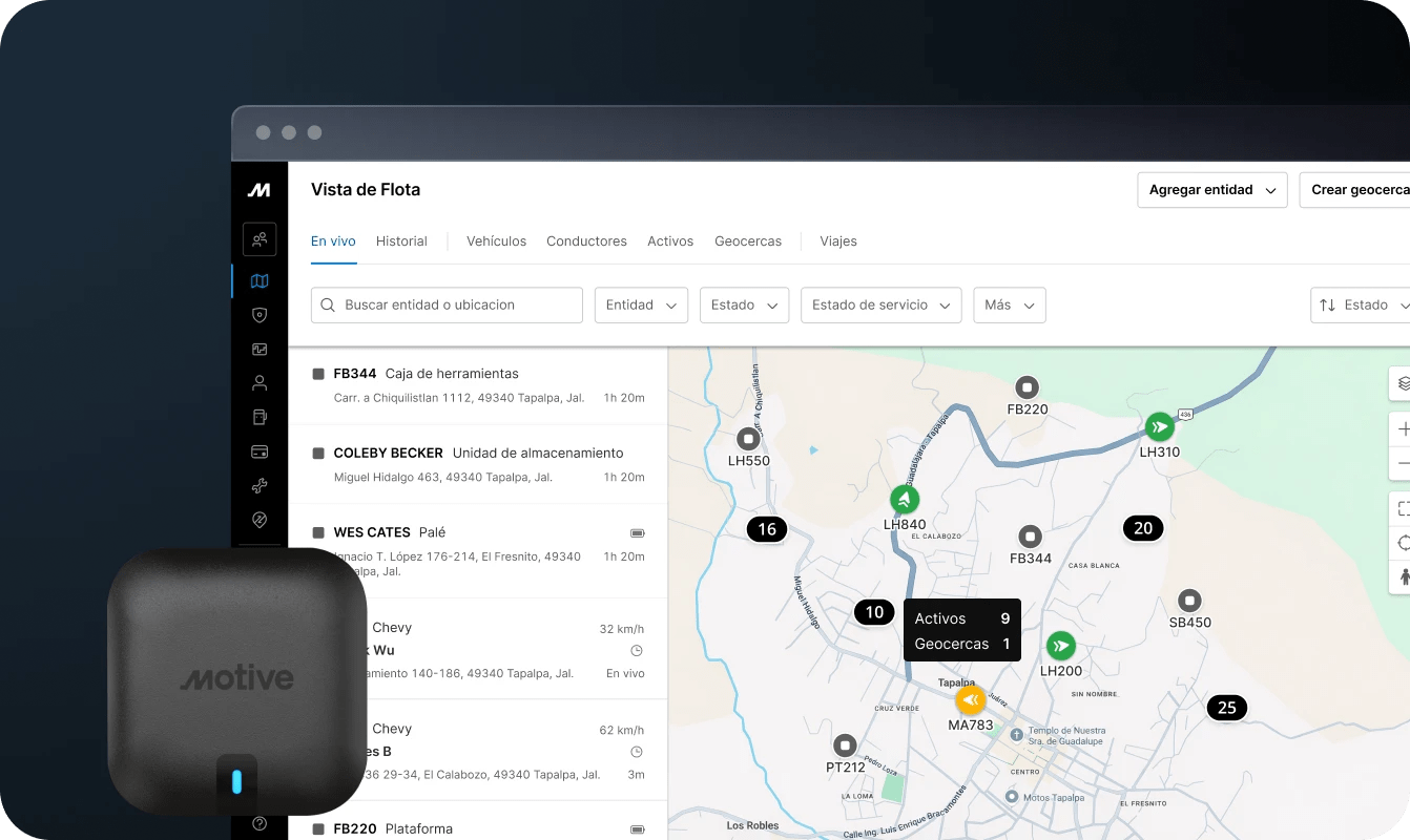 Mapa de flota en tiempo real en el panel de Motive que muestra vehículos, activos rastreados por Motive Beacon, geocercas y conductores.