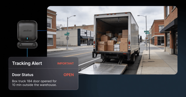 A box truck with the rear door open. The Motive Door and Environmental Sensor shows the status of the door and an alert level of important.