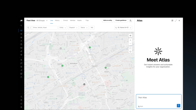 Fleet view screen in the Motive platform with the Atlas chat window open.
