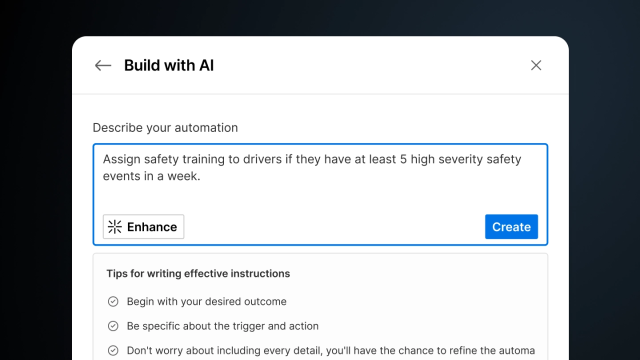 AI Automation being drafted in the Motive platform to assign safety training to driver if they have 5+ high severity safety events a week.