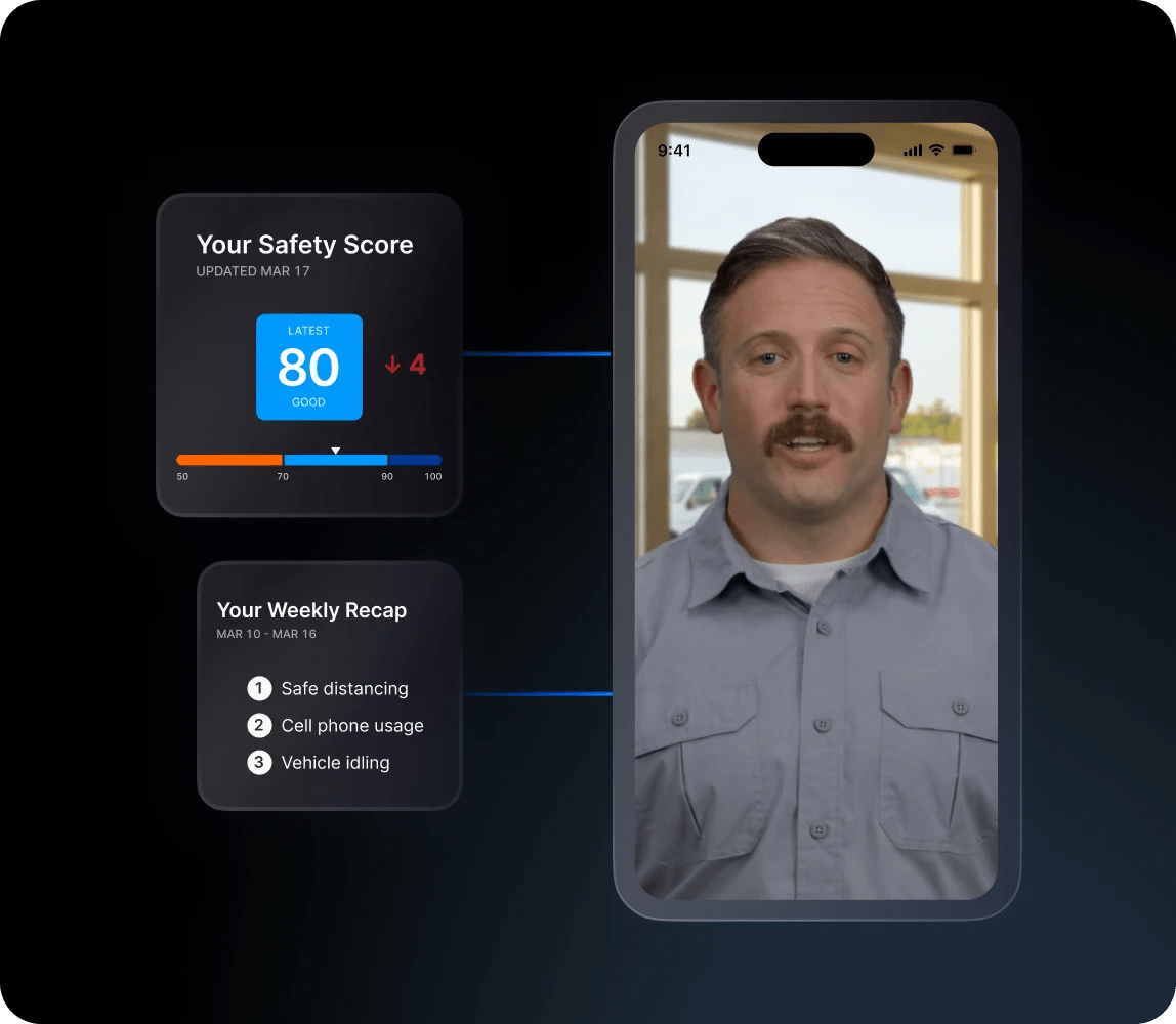 Automated coaching screen showing driver safety score, weekly recap, and mobile coaching video