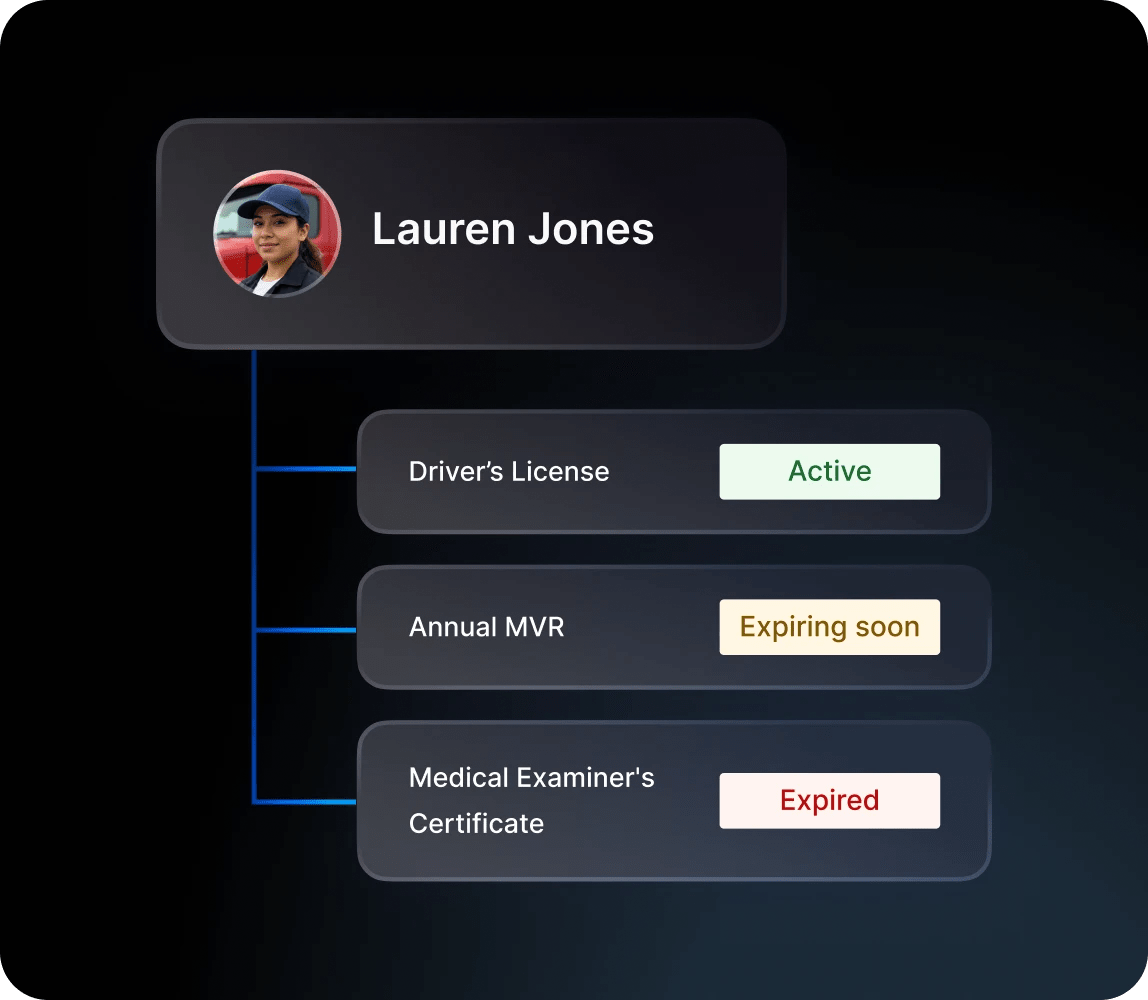Driver qualification overview showing document status for license, Annual MVR, and medical examiner's certificate
