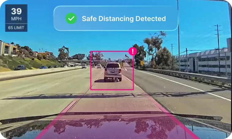 Road-facing AI dashcam view detecting safe distancing from the vehicle ahead with on-screen notification