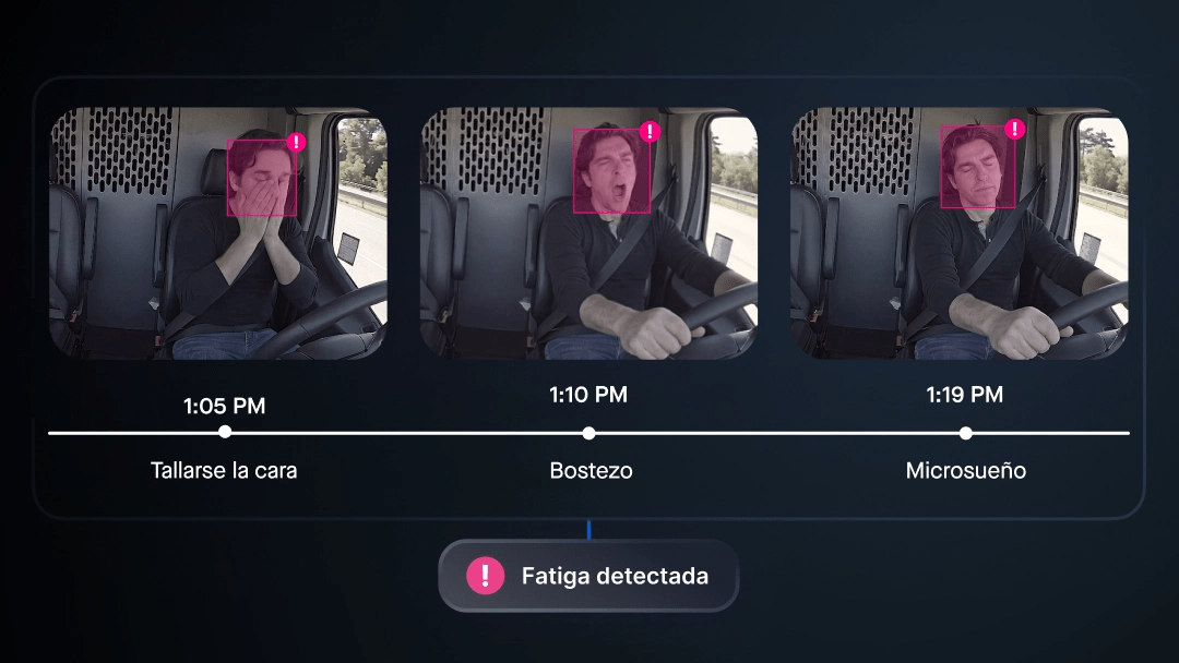 Detecta la fatiga de los operadores de forma temprana y evita colisiones con la funcionalidad Detección de Fatiga impulsada por IA.