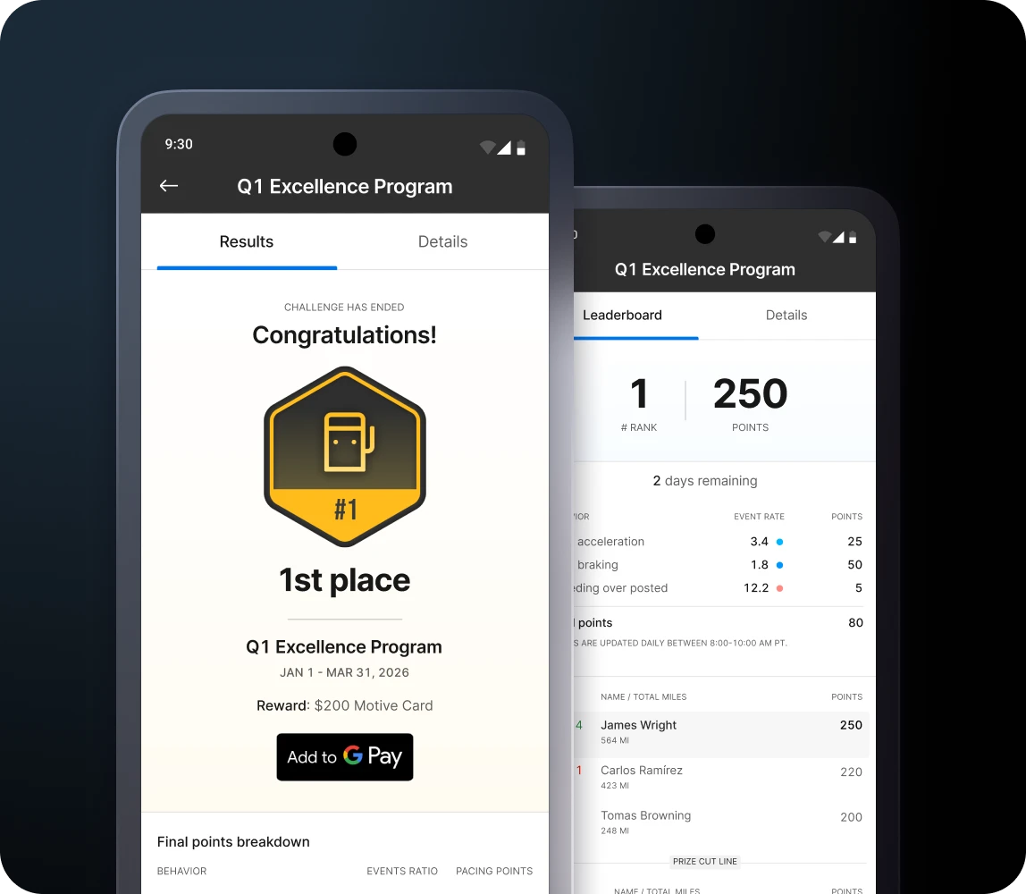 Mobile driver rewards app dashboard showing leaderboard ranking, points, and reward details