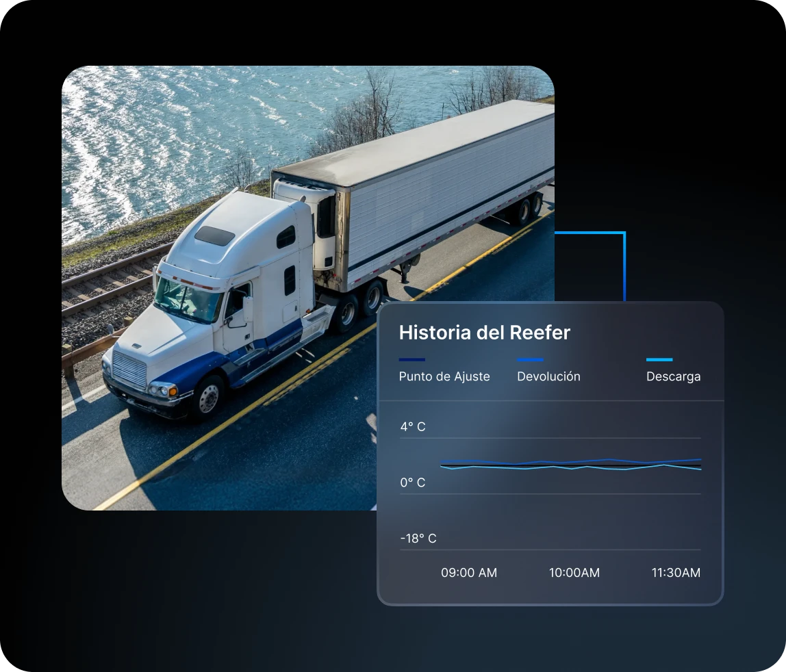 Interfaz de monitoreo de carga refrigerada que muestra el punto de ajuste de temperatura del remolque, y el historial de retorno y descarga