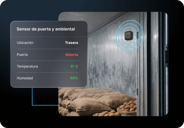 Datos del sensor ambiental y de puerta en la app de Motive mostrando la ubicación del dispositivo, el estado de apertura o cierre de la puerta, la temperatura y la humedad