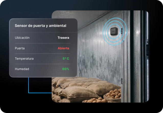 Datos del sensor ambiental y de puerta en la app de Motive mostrando la ubicación del dispositivo, el estado de apertura o cierre de la puerta, la temperatura y la humedad