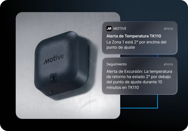 Foto del sensor ambiental de Motive mostrando una alerta de temperatura por encima del umbral