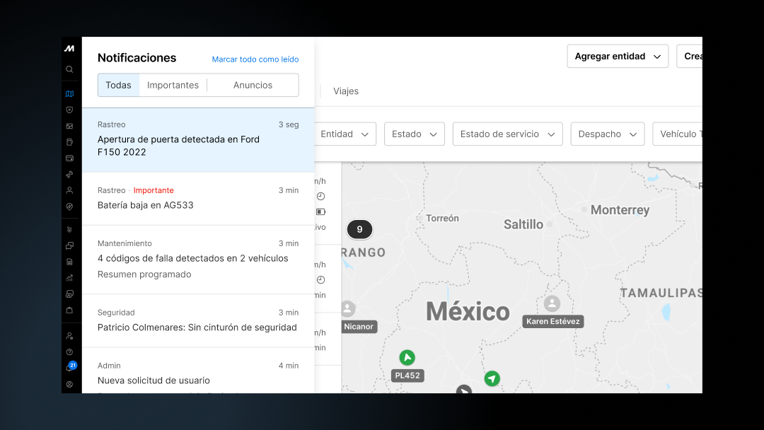 Elimina el ruido y detecta el robo de carga más rápido con las alertas de apertura de puertas.