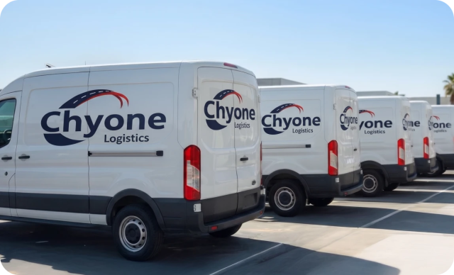 Chyone Logistics cargo vans lined up in a parking lot