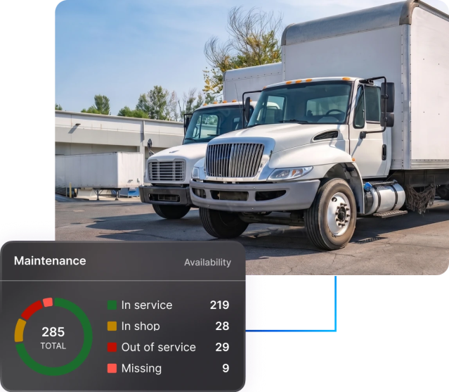 2 white trucks parked at a depot with a motive fleet maintenance color coded overlay showing the amount of trucks in service, in shop, out of service, and missing