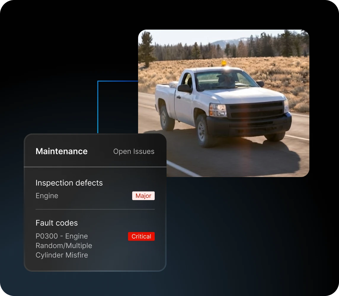 white pickup truck showing fleet maintenance open issues, specifically a critical fault code for cylinder misfire in and a inspection defect on the engine