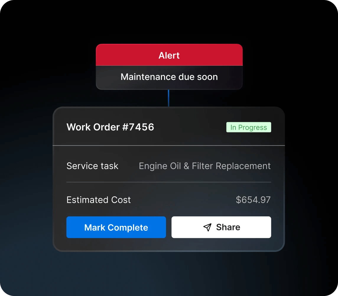 fleet maintenance alert in motive app for maintenance due soon with work order in progress for oil & filter replacement with estimated cost