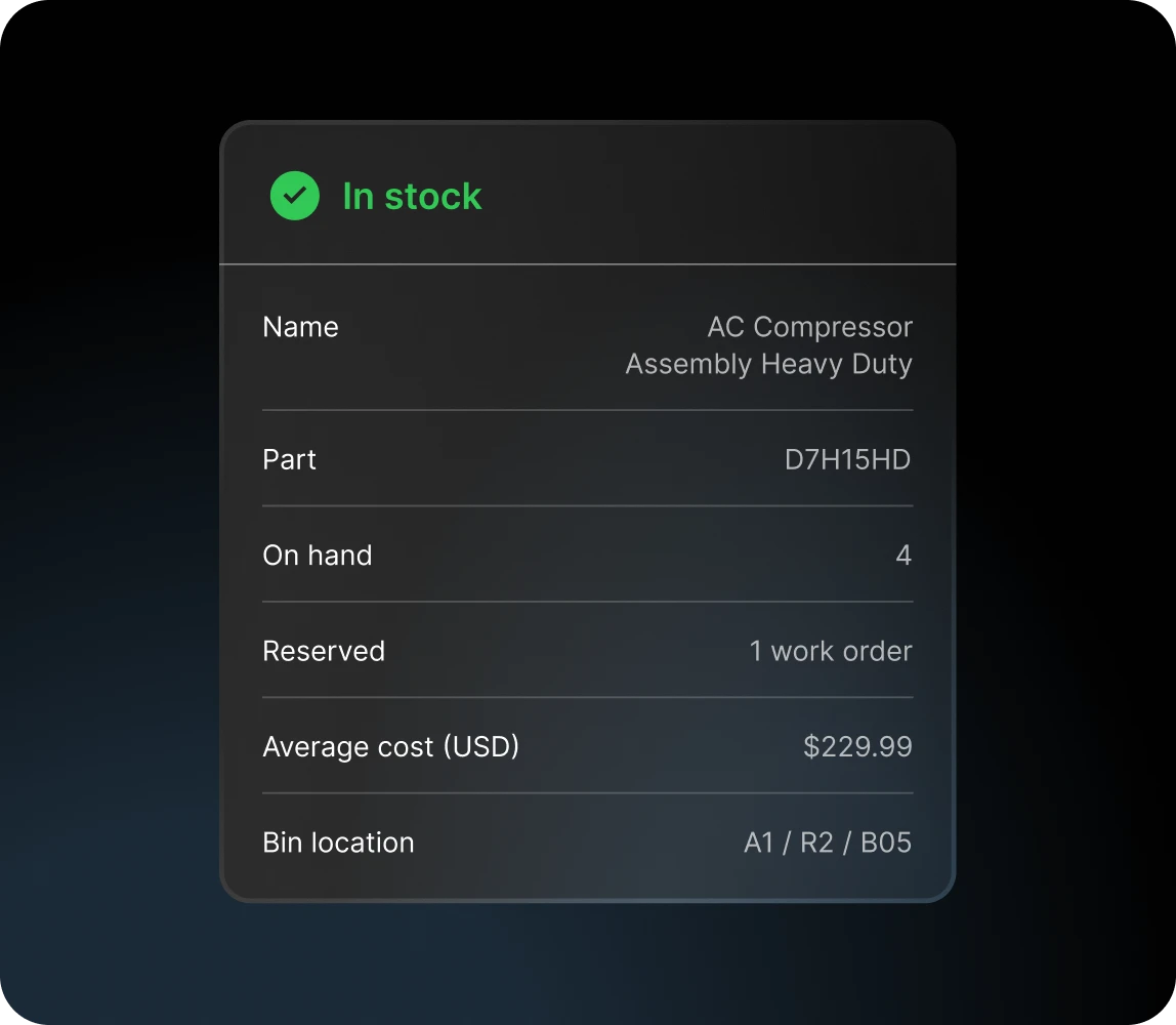 dashboard module showing maintenance parts inventory for ac compressor assembly with cost and the location in maintenance shop
