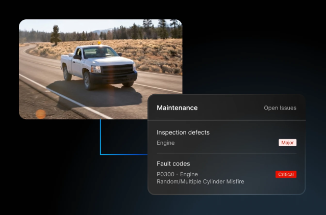 white pickup truck on the road with inspection defects and fault code open issues being highlighted in motive fleet maintenance product overlay