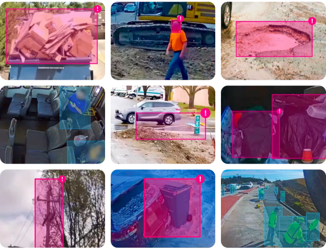 Cuadrícula de nueve fotografías que muestran distintos entornos de trabajo — contenedores de residuos, una obra de construcción, una carretera con un bache, el interior de un autobús, vehículos y un poste eléctrico— cada una con recuadros rosados que señalan detecciones automáticas de IA, como sobrecarga de residuos, falta de equipo de seguridad y daños en la vía.