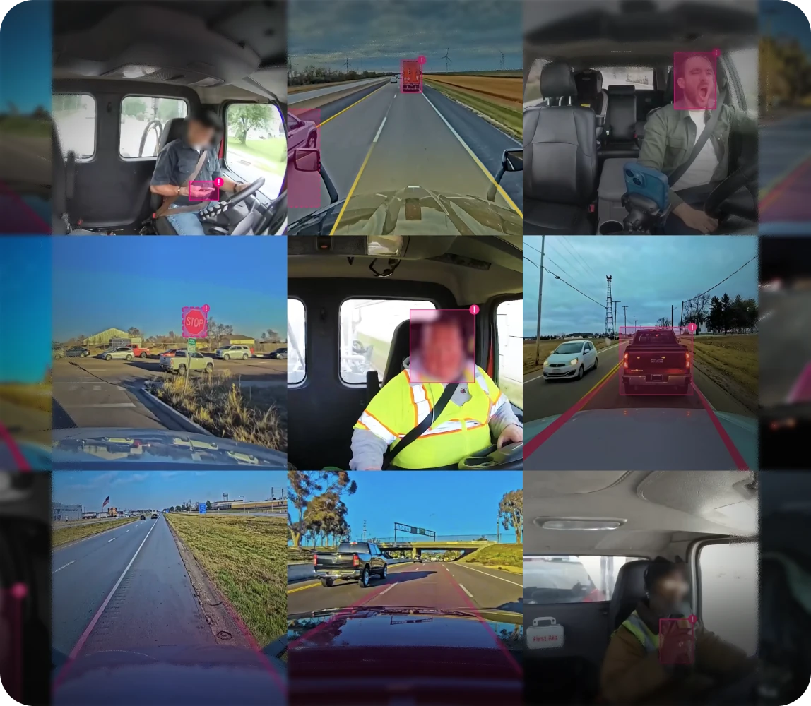 AI Dashcam Plus footage collage showcasing driver-facing views and road-facing views including stop sign detection, close following distance detection, fatigue detection, and cellphone usage detection.