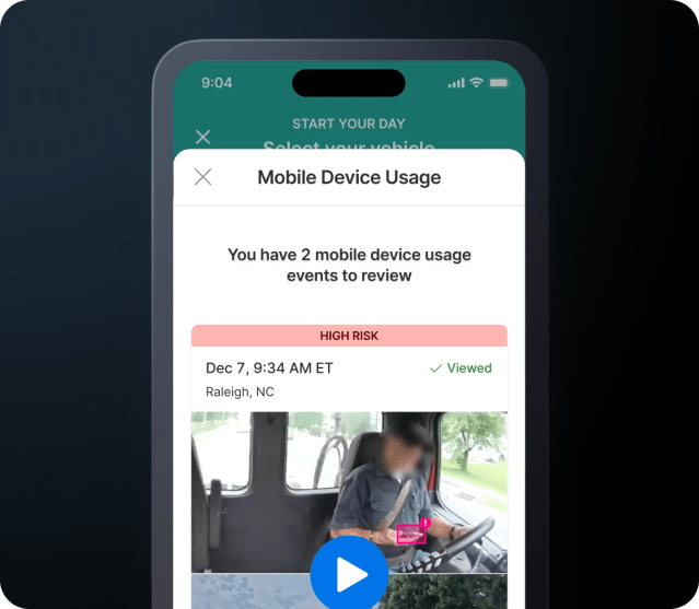 Mobile Device Usage alerts for review on Motive Driver app.