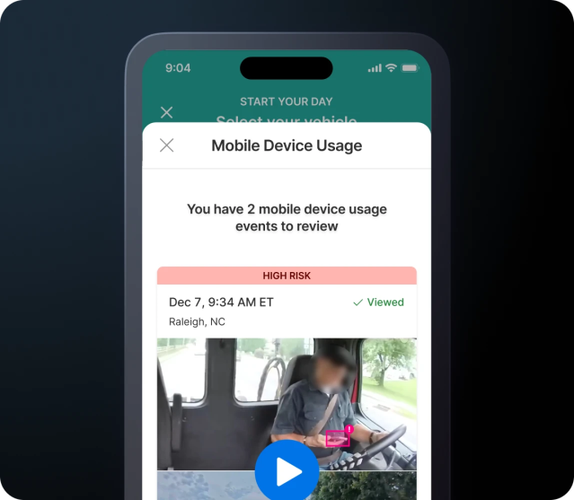 Mobile Device Usage alerts for review on Motive Driver app.