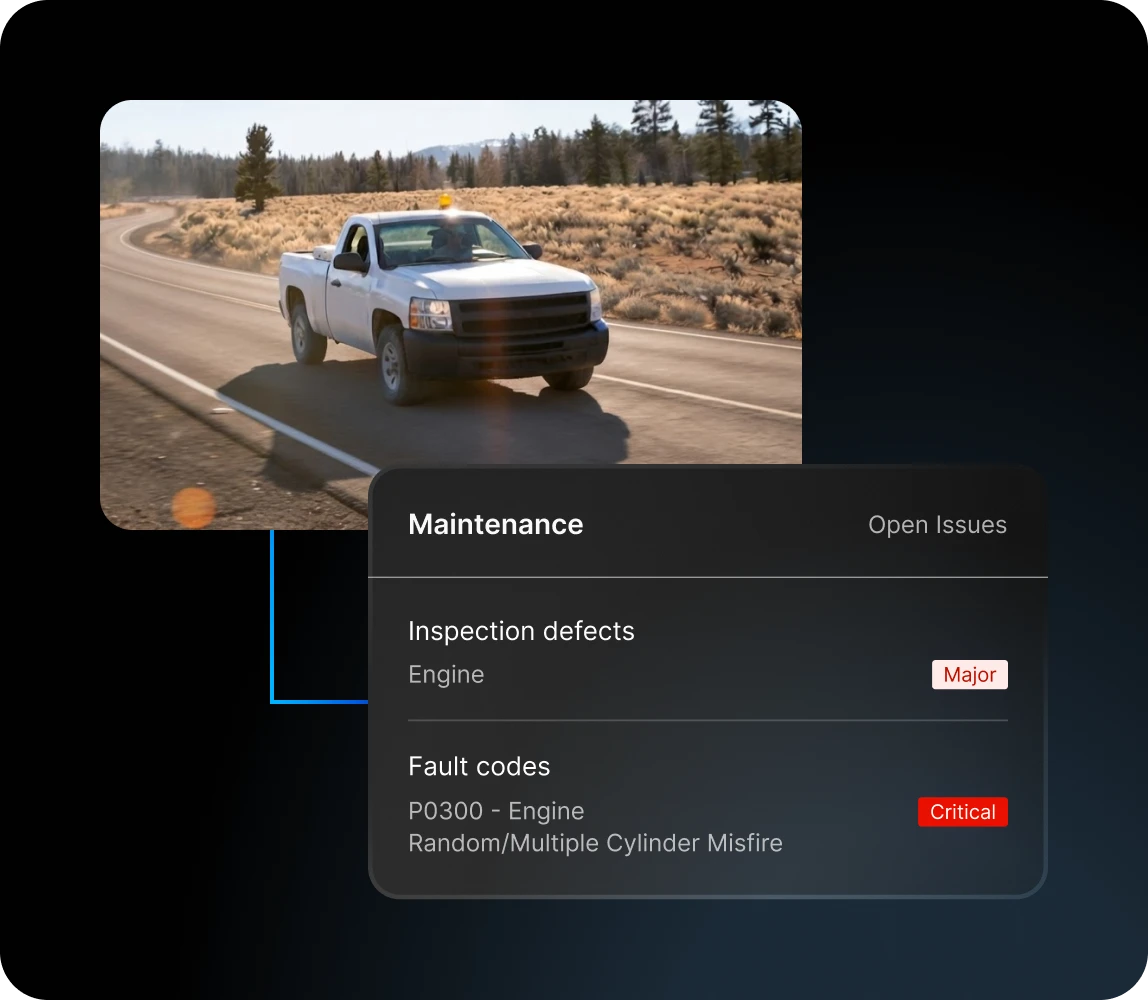 white pickup truck on the road with inspection defects and fault code open issues being highlighted in motive fleet maintenance product overlay