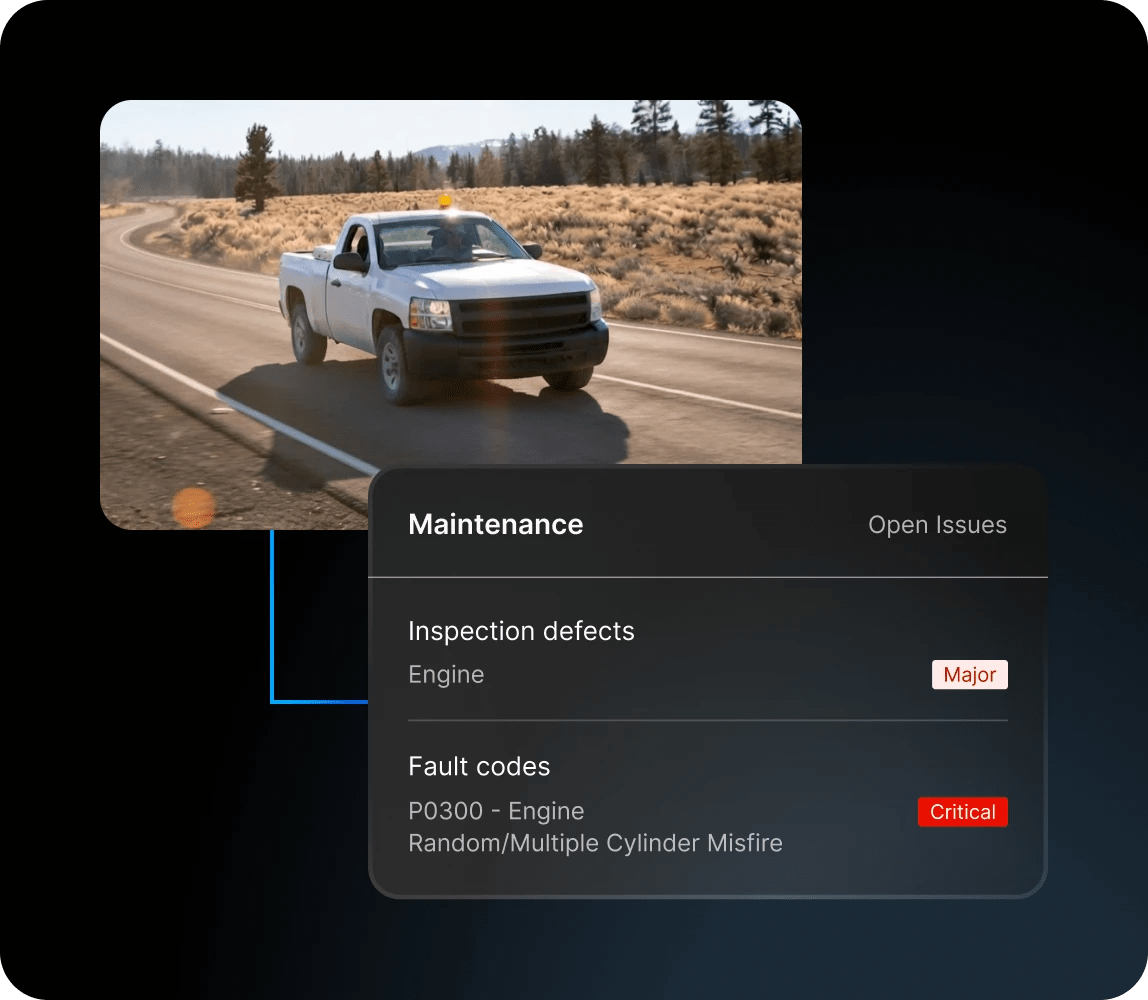 white pickup truck on the road with inspection defects and fault code open issues being highlighted in motive fleet maintenance product overlay