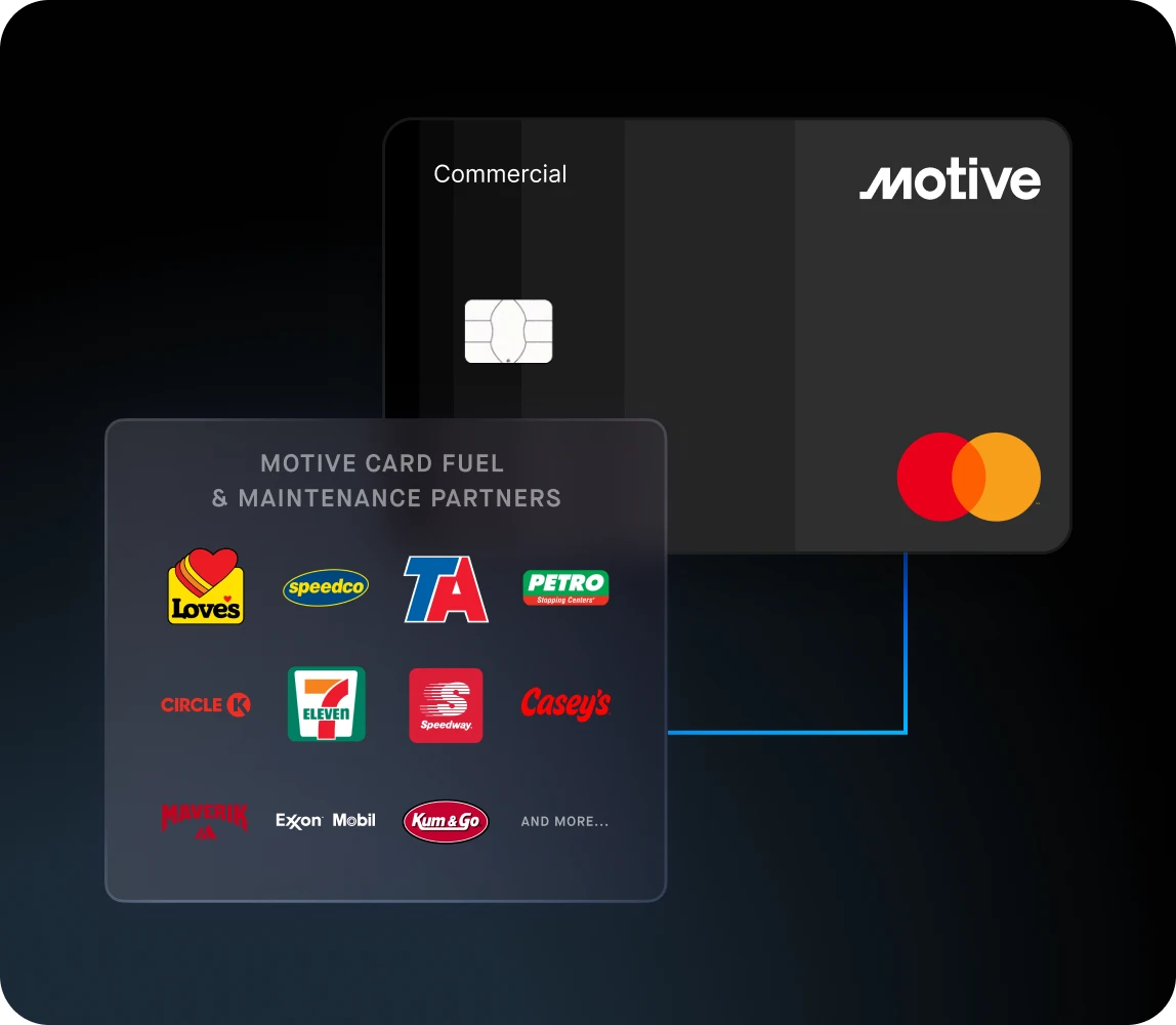 Motive Commercial Fleet Card and fuel and maintenance partner logos including Love's Travel Stops, SpeedCo, TravelCenters of America, Petro Stopping Center, Circle K, 7Eleven, Speedway, Casey's, Maverik, Exxon Mobil, Kum & Go, and more.