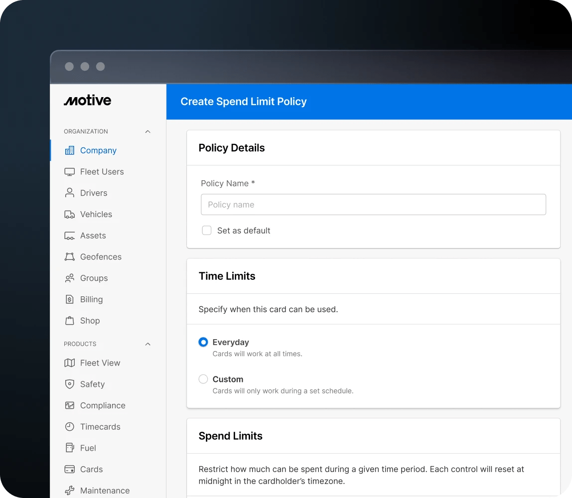 Motive Create Spend Limit Policy form with policy details, time limits, and spend limit controls.