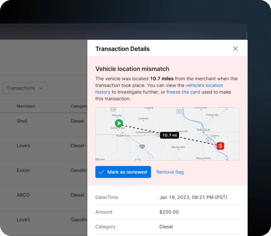Motive Card transaction details panel showing a vehicle location mismatch alert.