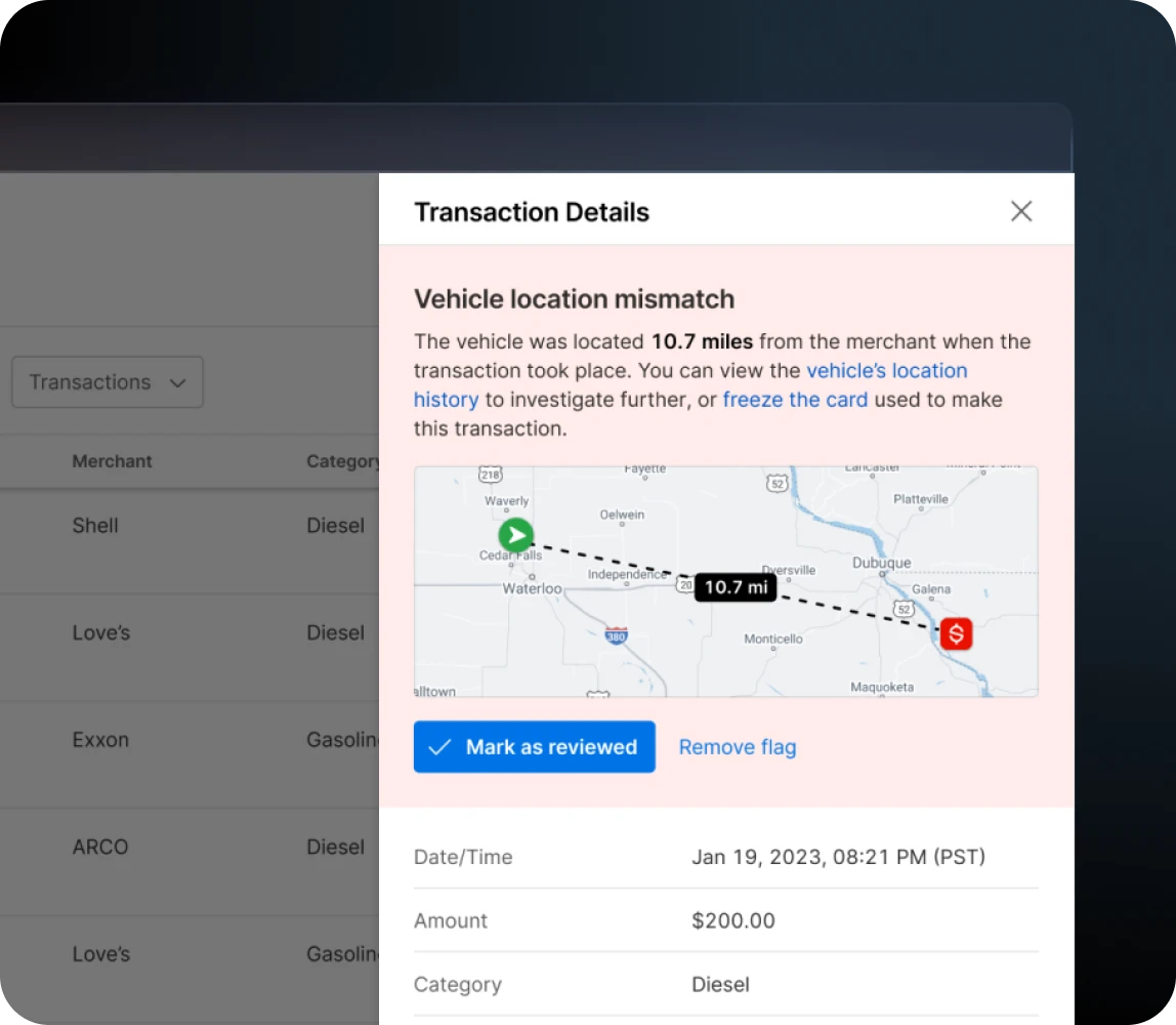Motive Card transaction details panel showing a vehicle location mismatch alert.