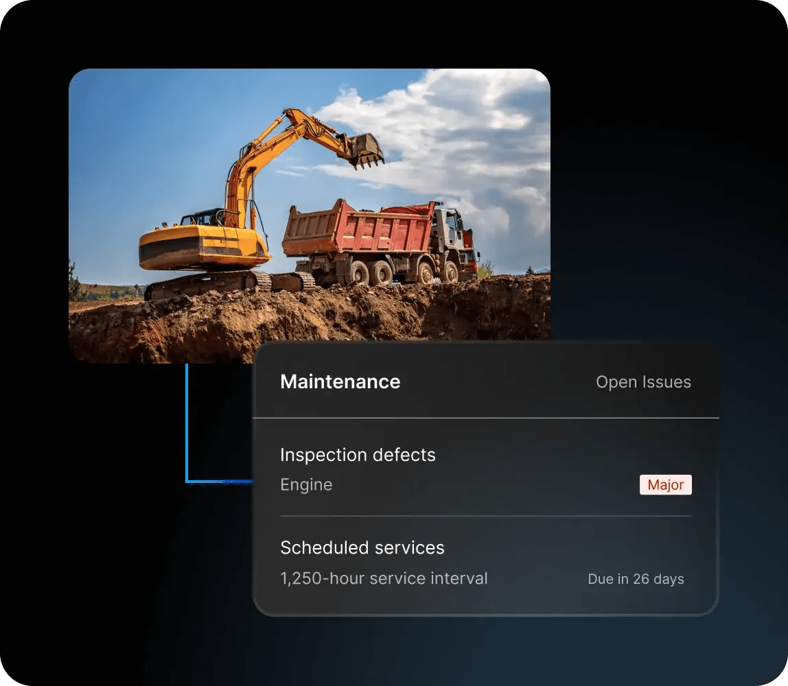 Motive Maintenance showing a major engine inspection defect for an excavator and dump truck, with Scheduled Services indicating maintenance is due in 26 days.